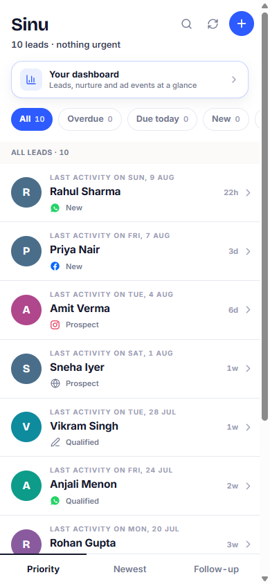 The WyseB lead list on a phone: ten leads with their channels, stages and last activity, with filters for overdue and due today
