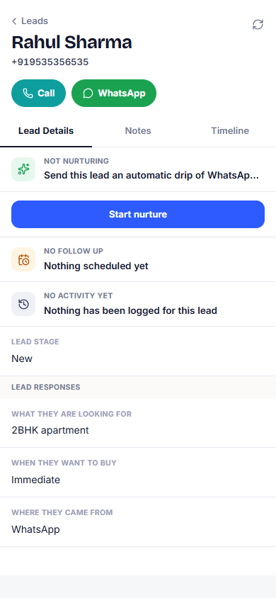 A lead screen in WyseB showing call and WhatsApp buttons, nurture status, follow-up, stage and the lead's form answers