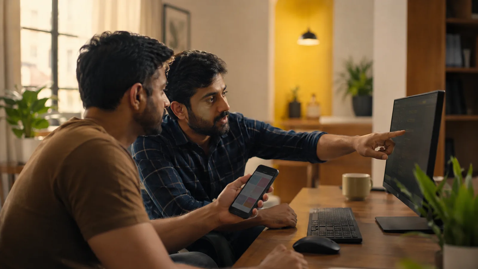 Two Indian developers at a warm workstation, one testing an app on a phone while the other points at a monitor