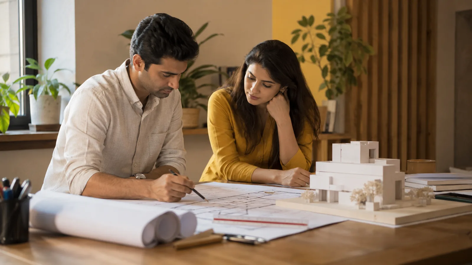 An Indian architect walks a client through rolled blueprints beside a white cardboard scale model