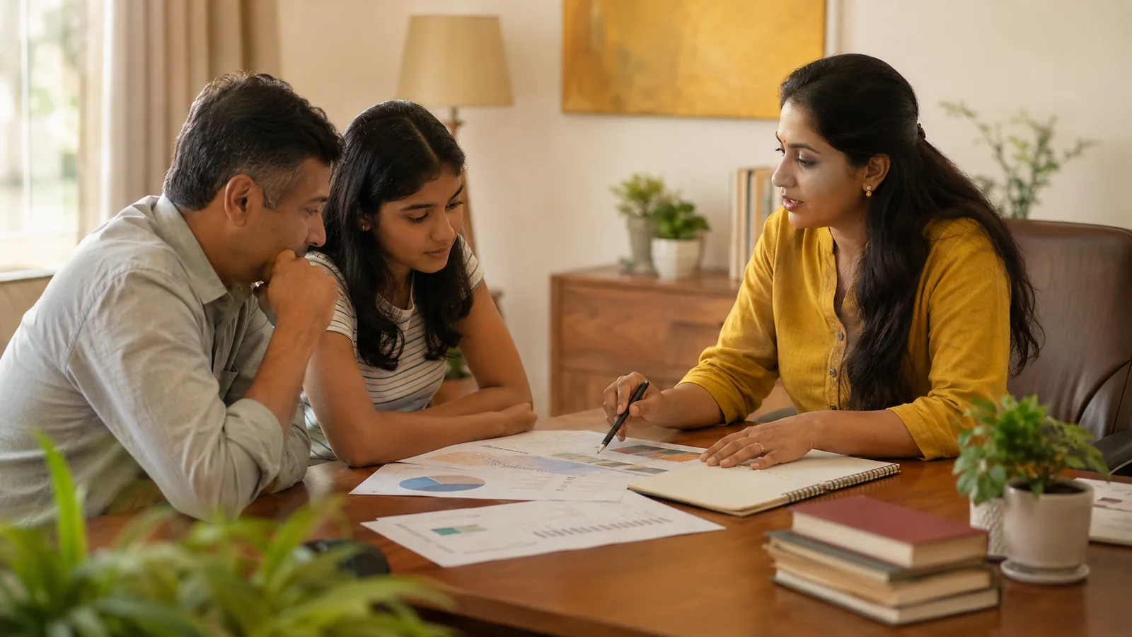 An Indian career counsellor talks a teenage student and their parent through printed charts at a wooden desk
