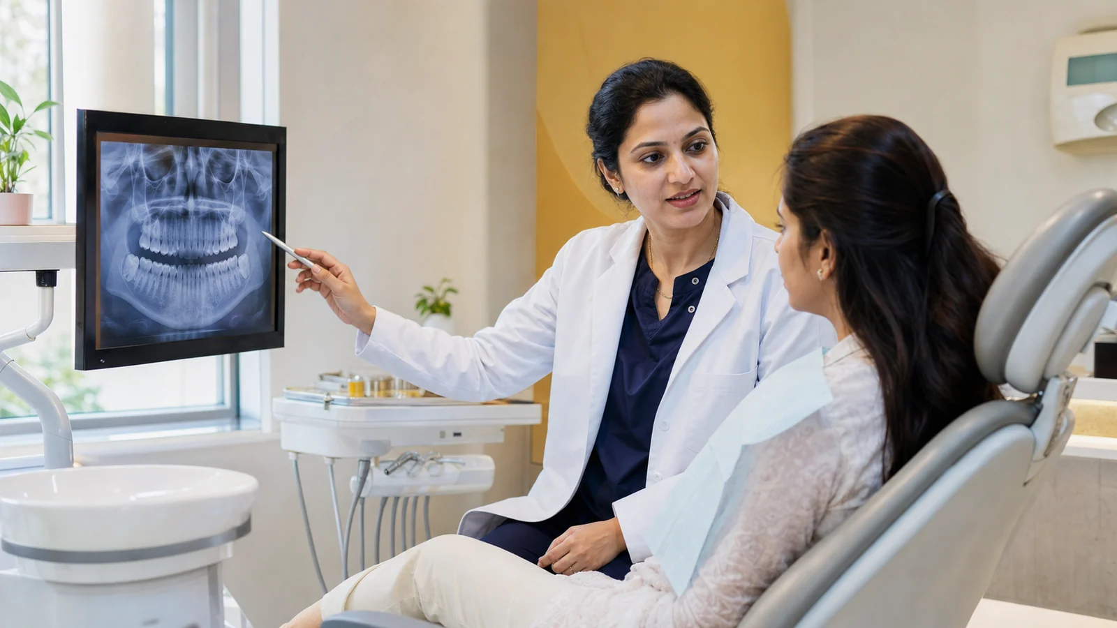 An Indian dentist explains a treatment plan to a patient at a dental chain