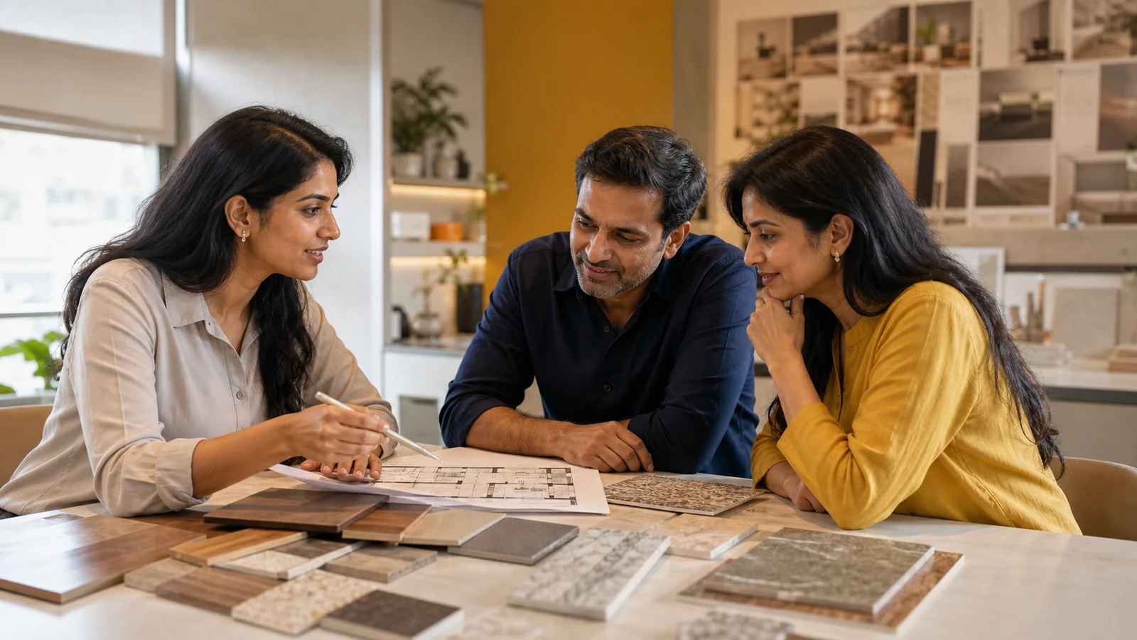 An Indian interior designer presents material samples and a floor plan to homeowners
