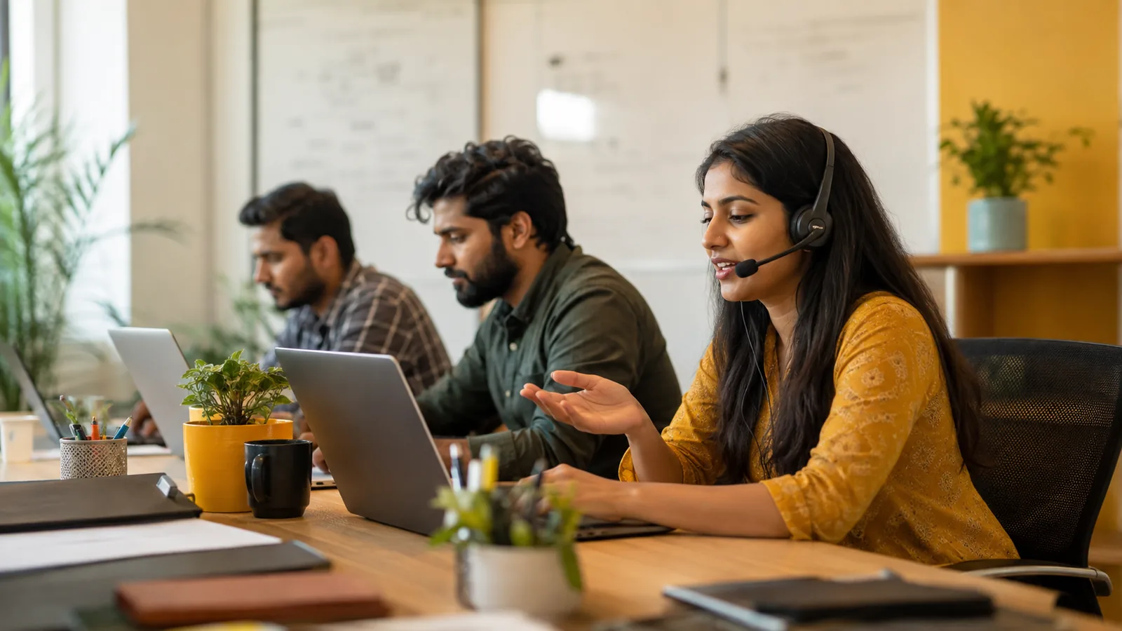 A small Indian B2B software team at a bright desk, one on a video call with a headset