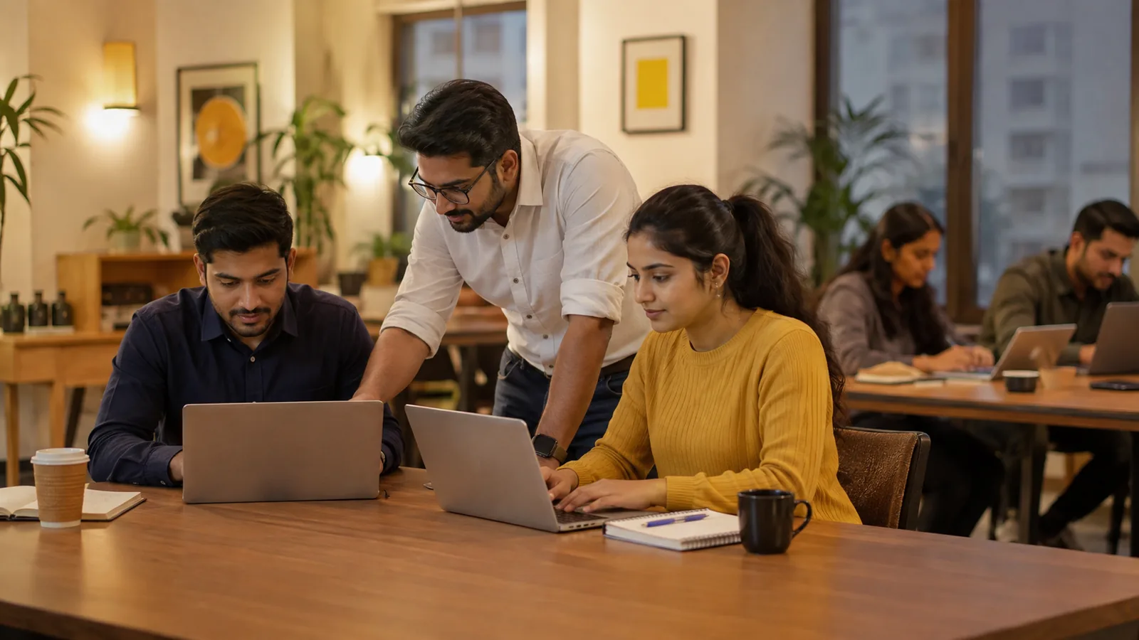 An Indian trainer guides two working professionals through a certification course at their laptops