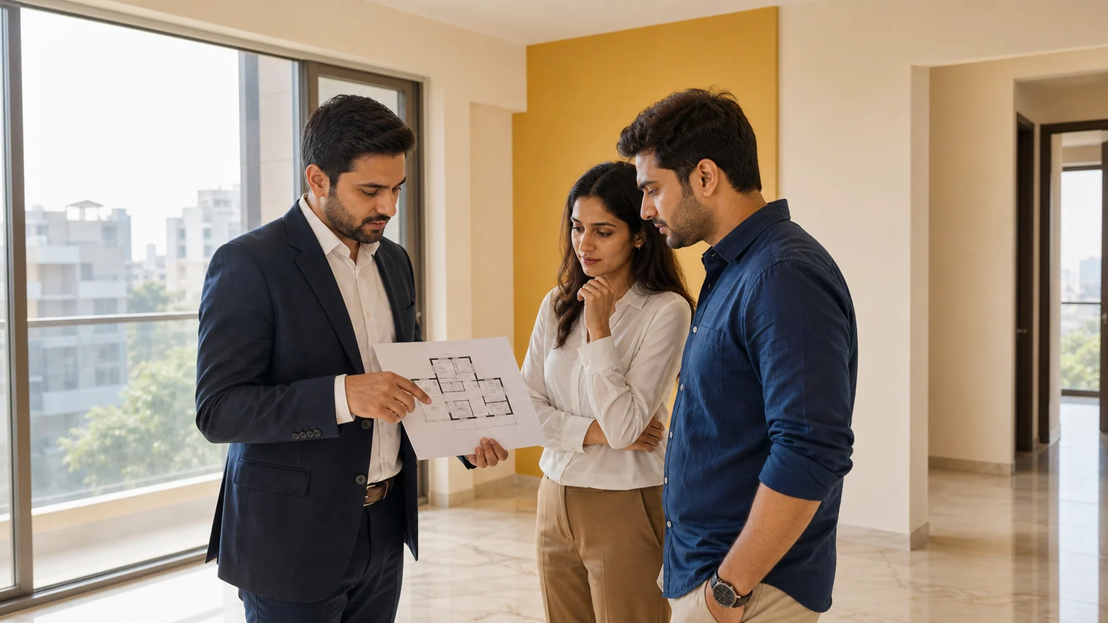 An Indian builder shows a floor plan to a couple standing in an empty flat with a city view behind them