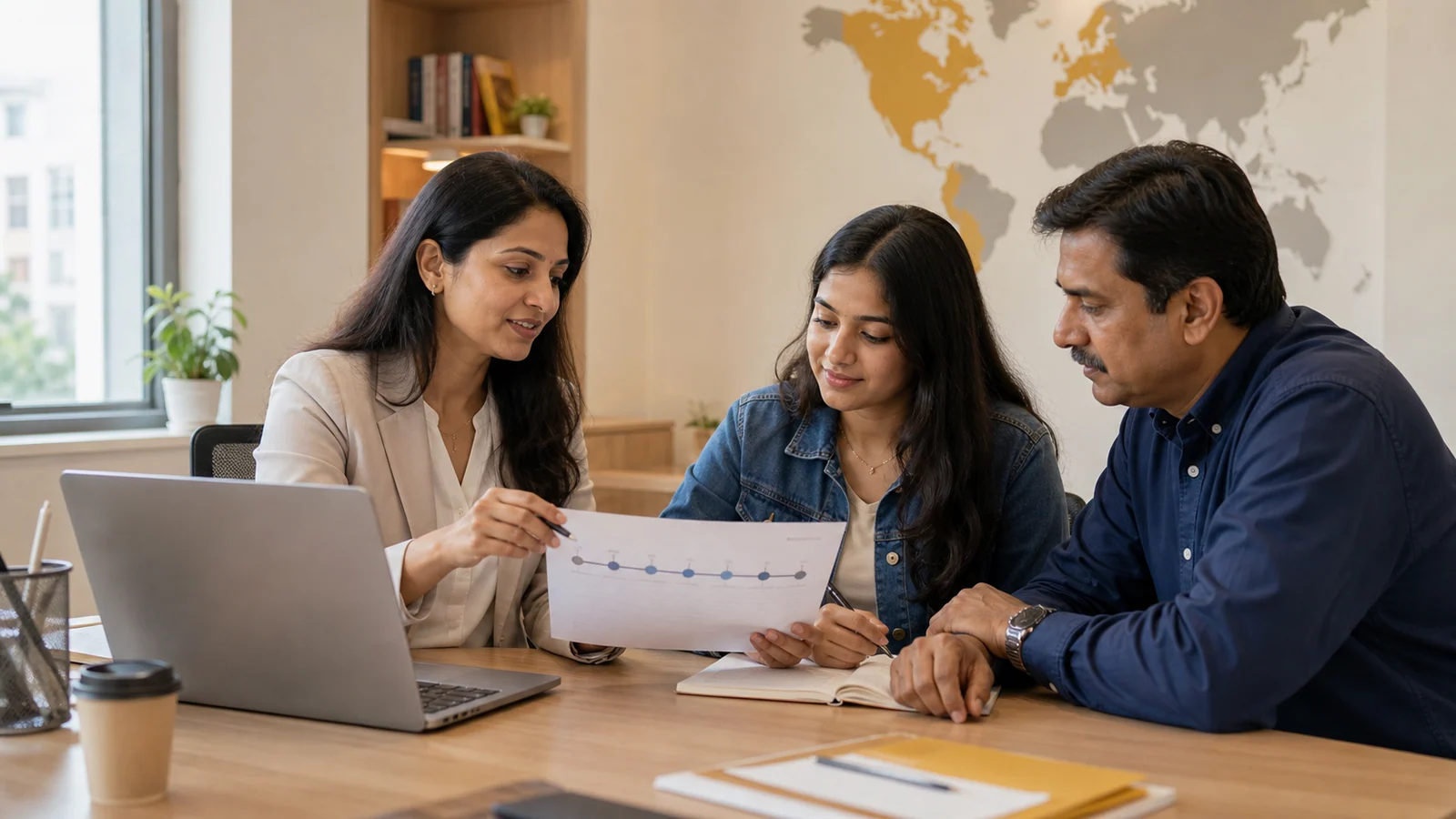 An Indian study abroad counselor reviews an application timeline with a student and parent